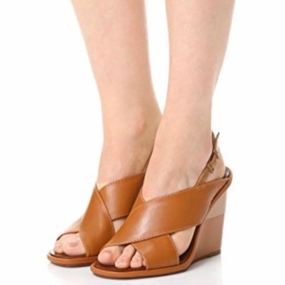 New Tory Burch Gabrielle 100 MM Royal Tan Wedge Sandal Size 7.5